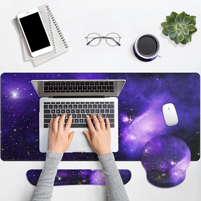 Britimes Space Galaxy Purple Keyboard Mouse Pad Set 4in1 Large Mousepad+Keyboard Wrist Rest+Mouse Wrist Rest+Coaster Ergonomic Design for Home Office Computer 35.4x15.7 inches