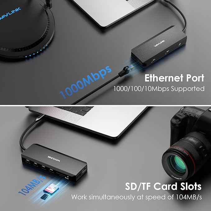 WAVLINK USB C Docking Station Dual Monitor USB Hub Laptop Triple Display USB C to 2 HDMIDisplayPort PD Charging Ethernet 5 USB SD/TF Read Audio for MacBook Dell HP Lenovo Surface Black
