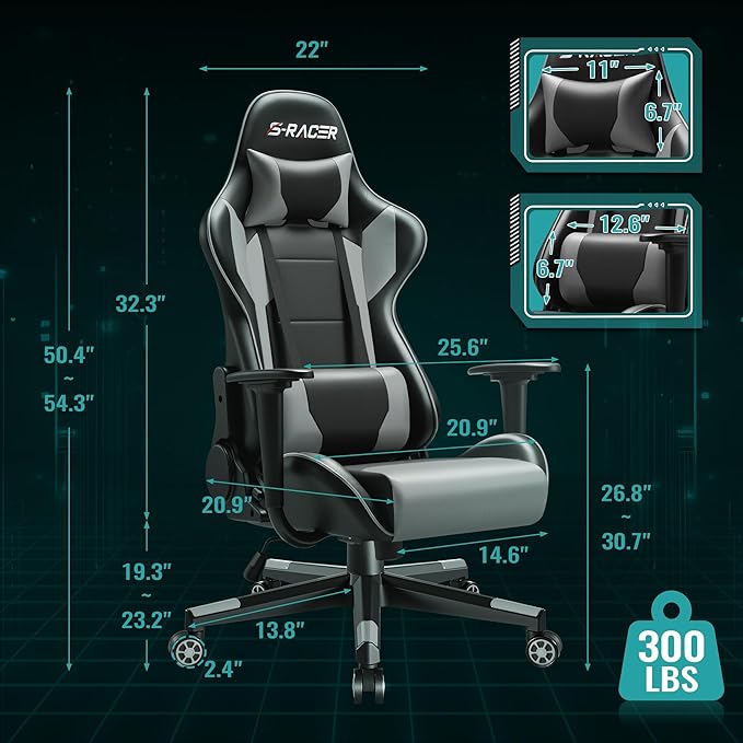 Furniwell Gaming Chair Racing Computer Chair Office Desk Chair Adjustable Swivel High Back Carbon Fiber Style Leather Executive Ergonomic Chair with Headrest and Lumbar Support (Grey)