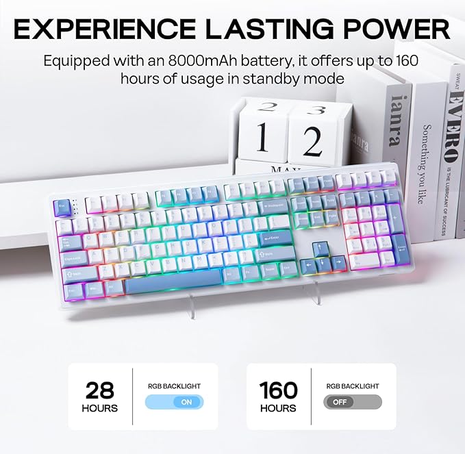 EPOMAKER TH108 Full Size Mechanical Keyboard Wireless Gaming Keyboard with 8000mAh Battery Creamy Gasket 108 Keys Hot Swap Custom Driver RGB Backlight (Blue&ampWhite Sea Salt Silent)
