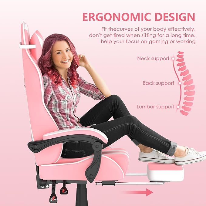 Huracan Gaming Chair with Footrest Adjustable Video Game Computer Chairs for Adults Reclining Backrest Office Desk Chair with Headrest and Lumba Pillow Pink