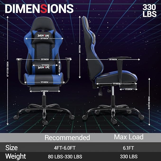 Gaming Chair Video Game Chair with Footrest Massage Computer Chair with PU LeatherLumbar Support for Men Women Home Office Height Adjustale Ernogomic Gaming Chair High Back Blue