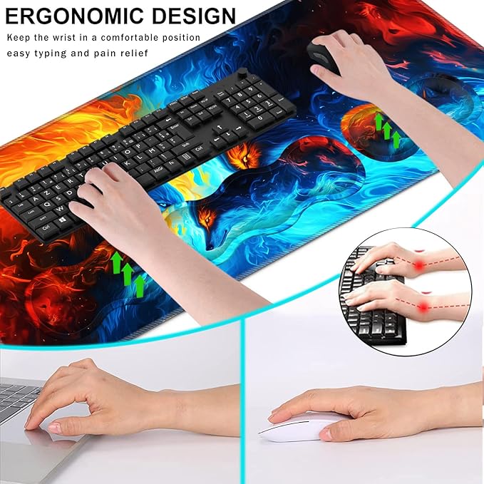 Keyboard Wrist Rest and Mouse Pad with Wrist Support Set Ergonomic CoasterMemory FoamEasy Typing Pain ReliefLarge XL Desk Mat 31.5x 11.8Ice Wolf and Fire Wolf