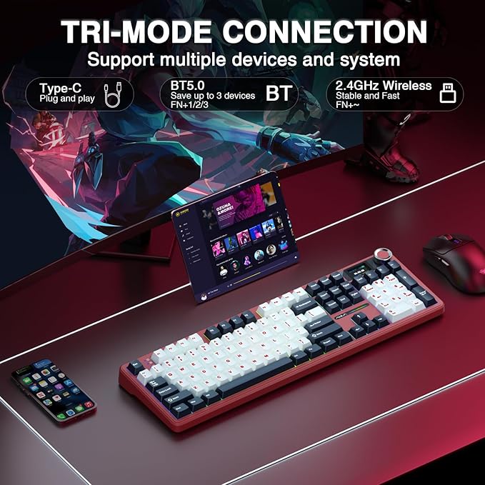 AULA F108 PRO - Wireless Mechanical Keyboard with Screen&ampKnobHot Swappable Gaming Keyboard with 8000mAh BatteryPre-lubed SwitchesRGB BacklitPBT Keycaps Creamy Sounding Computer Keyboards104 K