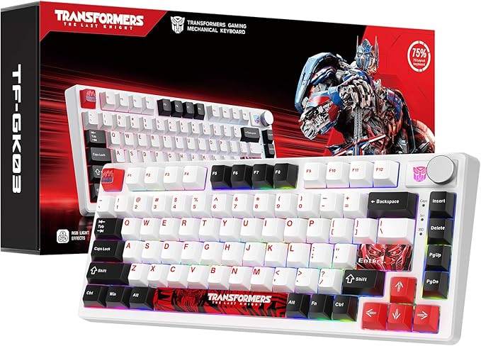 Transformers GK03 Mechanical Keyboard WirelessRGB Creamy Gaming Keyboard Wireless BT5.0/USB-C/2.4GHzCustom Hi-Fi Linear SwitchHot-Swap Socket/Knob Control Computer Keyboards (Optimus Prime White)