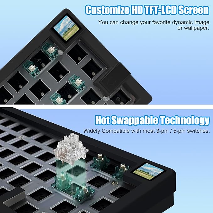 GMK67S Keyboard Barebones Kit65% Gasket Mount Hot Swap PCB Tri-Mode BT5.0/2.4G/Type-C Wireless Mechanical Keyboard with TFT-LCD Screen VIA Programmable Custom RGB Gaming Keybaord DIY Kit (Black)
