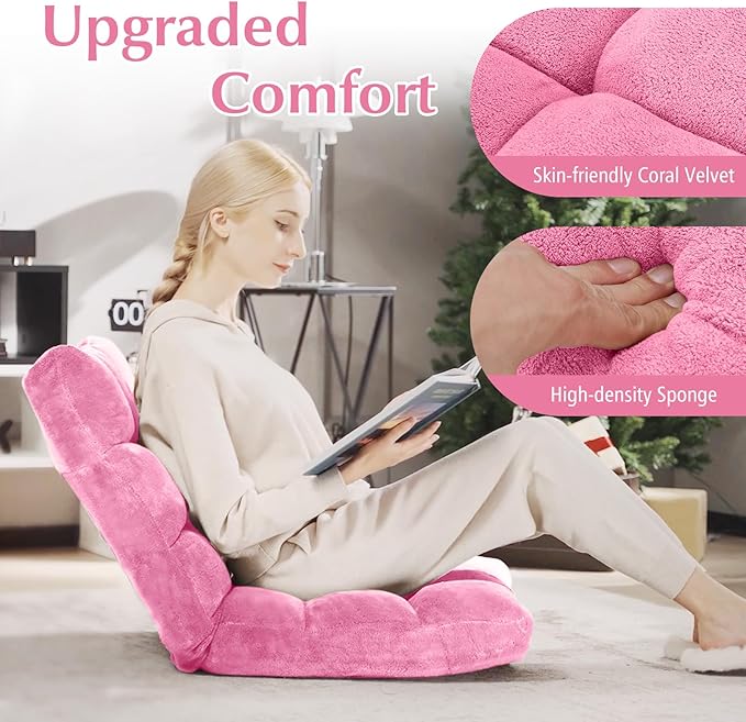 ARLIME Adjustable Floor Chair 14-Position Lazy Sofa Chair with Back Support &amp Thick Padding Portable Foldable Floor Couch for Adults Kids Use in Bedroom Living Room Home Theater (Pink)
