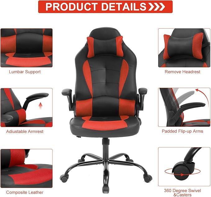 Meet perfect Gaming Chair Ergonomic Office Chair Desk Chair Leather Computer Chair Lumbar Support and Head Pillow Modern Executive Chair Adjustable Rolling Swivel Task Chair Home Office Chair Red