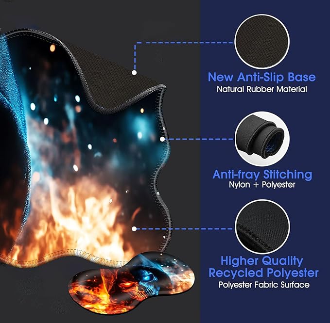 Large Mouse Pad and Keyboard Wrist Rest Desk Pad for Keyboard and Mouse 4-in-1 Large Gaming Mouse Pad with Wrist Support Desk Mat for Home Office Study Game-Flaming Skull