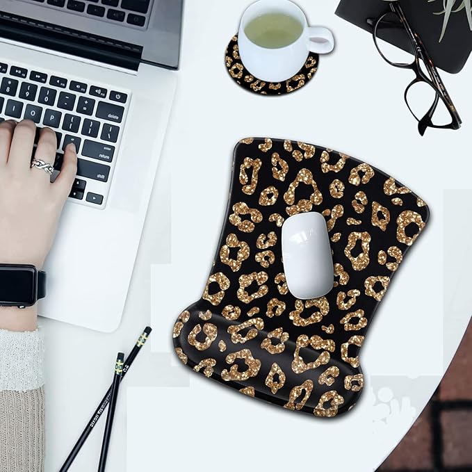 Ergonomic Black Mouse Pad Wrist Support and Memory Foam Keyboard Wrist Rest SetGel Mouse Mat with Non-Slip PU BaseKeyboard Palm Rest for Home Office Wireless Gaming Desk Pad Gold Glitter Leopard