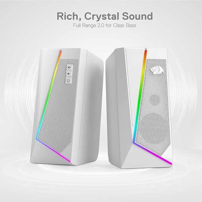 Redragon GS520 RGB Desktop Speakers 2.0 Channel PC Computer Stereo Speaker with 6 Colorful LED Modes Enhanced Sound and Easy-Access Volume Control USB Powered w/ 3.5mm Cable White