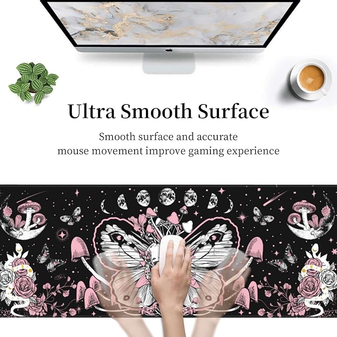Hippie Mushroom Skull Mouse Pad Extended XL Gaming Mice Pad Office Desk Mat with Stitched Edges Non-Slip Oversized Desk Pad 31.5 X 11.8 Inch