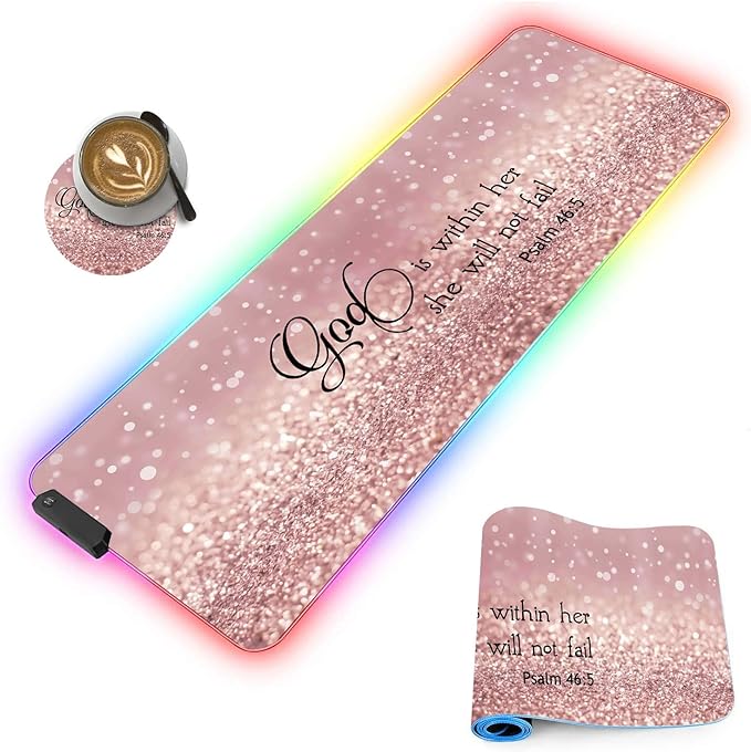 Customized RGB Gaming Mouse Pad and Coffee CoasterLarge Glowing Led Anti-Slip Rubber Base Computer Keyboard Desk Mouse Mat 31.4x11.8 InchRose Gold Glitter Quote Bible Verse Psalm 46-5