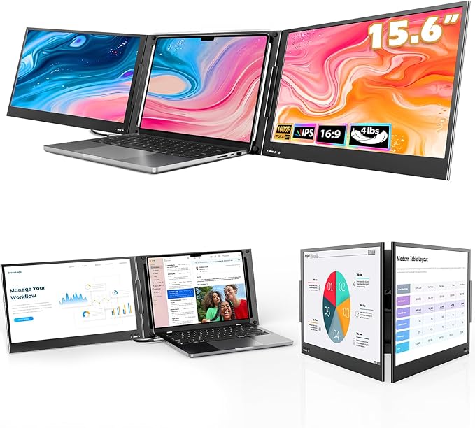 QQH Laptop Screen Extender 15.6 Triple Portable Monitor with Ultra-Slim FHD IPS Display One Cable USB-C Monitor Extender Compatible with MacOS Windows Android for 12-16 Laptop (Driver Need)