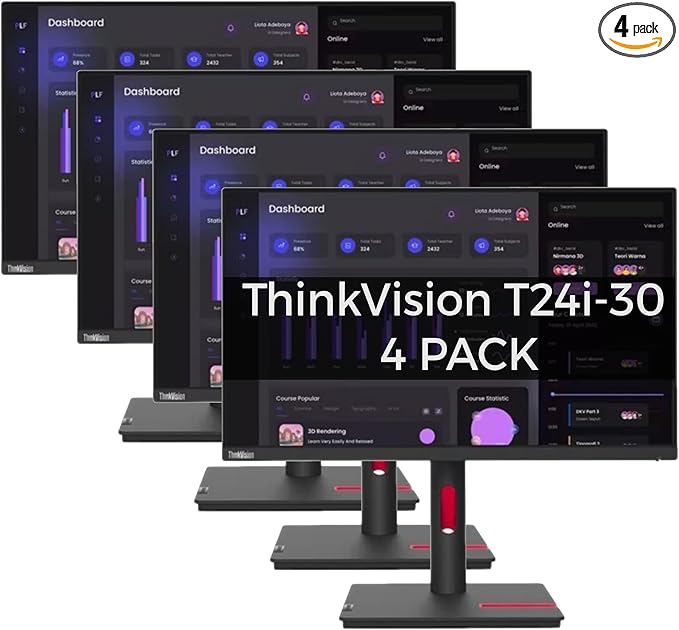 Lenovo ThinkVision T24i-30 24 Full HD IPS Monitor - 1920x1080 HDMI VGA DisplayPort USB Hub Raven Black - for Multi-Monitor Setup 4 Pack