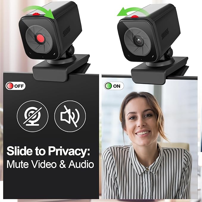 Webcam for PC/Laptop/Mac with Remote Control 2K Computer Camera Low-Light Correction AI-Noise Canceling Mics Adjustable Field of View Built-in Privacy Cover Stereo Mics