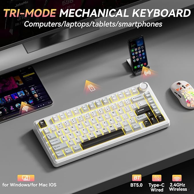 SOLAKAKA A75 75% Wireless Mechanical Keyboard Hot Swappable Gaming Keyboard with Multifunction Knob &amp RGB Gasket Mounted Creamy Keyboard PBT Keycaps Compact Layout for Win/Mac/PC