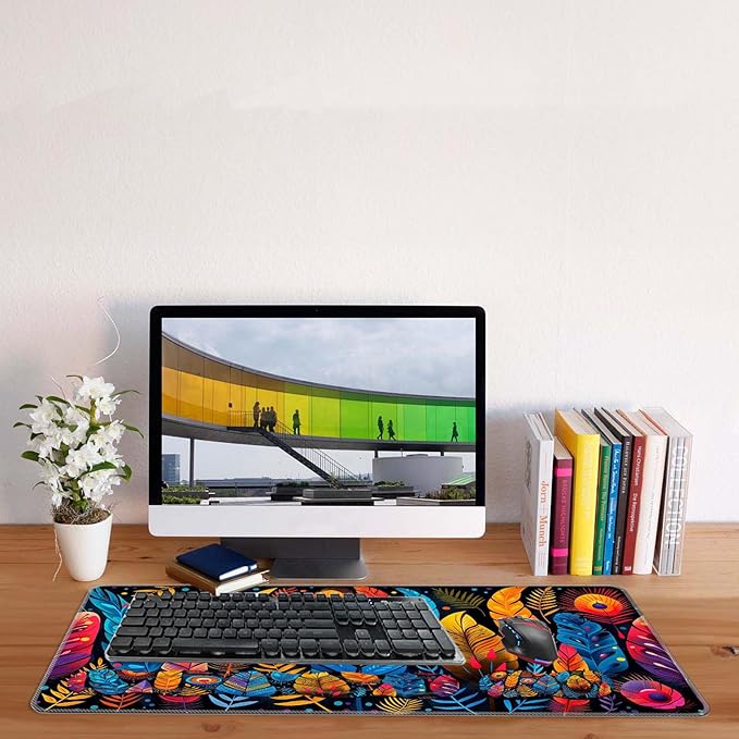 Keyboard Mouse Pad SetLarge Desk Pad+Keyboard Wrist Rest+Mouse Pad Wrist Support+CoasterEasy Typing Pain Relief Non-Slip Mousepad Wrist Support Mousepad Home OfficeColorful Bird Feathers
