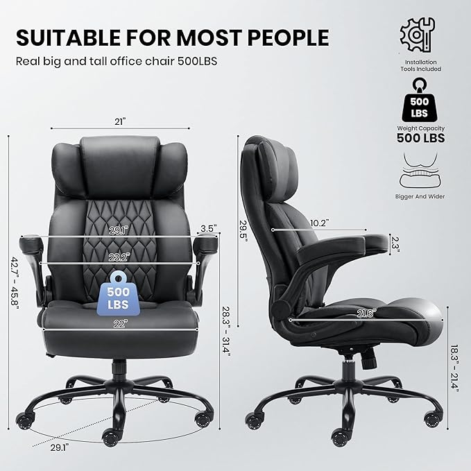 500lbs Big and Tall Office Chair Adjustable Lumbar Support for Back Pain Extra Wide Seat Executive Office Chair Thick Armrest Pad Heavy Duty Base&ampUpgraded Wheels Ergonomic Comfy Computer Desk C