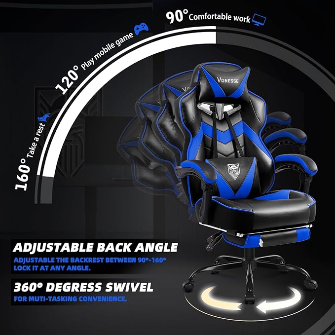 Vonesse Gaming Chair High Back Gaming Chair with Footrest and Massage Gaming Chairs for Adults with Pocket Spring Cushion Big and Tall Reclining Computer Chair with Lumbar Support (Blue/Black)