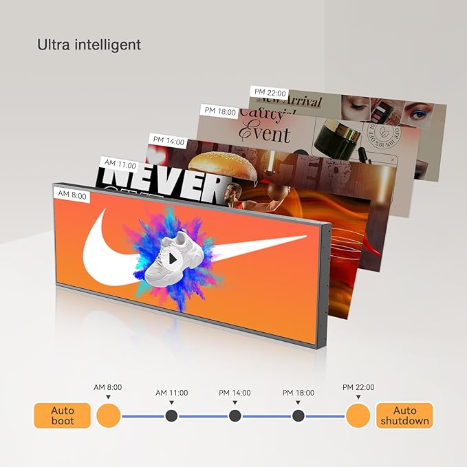 29inch Ultra-Wide Digital Signage Display 700nits Slim 25.8mm 6.8mm Frameless Commercial Advertising Screen Digital Menu Board for Restaurants Retail USB/HDMI/WiFi Android OS Free Cloud CMS