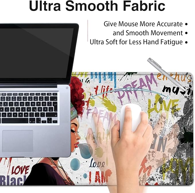 Desk Pad Extended Large Mouse Pad with Stitched Edges (31.5X11.8In) Ergonomic Mouse Wrist Rest Support Waterproof Computer Mouse Mat African Black Woman Graffiti Girls XXL White Gaming Mouse Pad