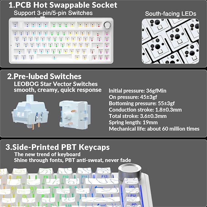 AULA F75 Pro Wireless Mechanical Keyboard with Knob75% Hot Swappable Custom Gaming KeyboardsRGB BacklitPre-lubed SwitchesSide Printed PBT Keycaps Creamy Sounding Computer Keyboard Line White
