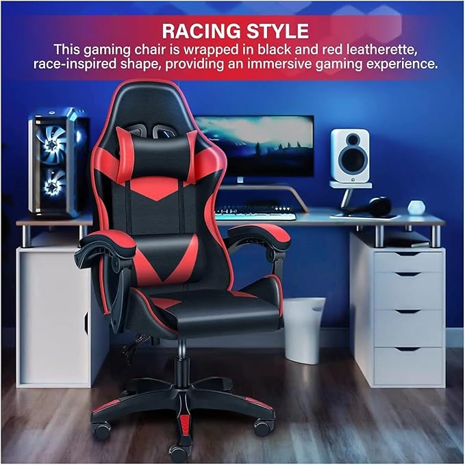 Managerial Chairs Height Adjustable Swivel Recliner Racing Office Computer Ergonomic Video Game Esports Chair W/Headrest&ampLumbar Pillow(Red)