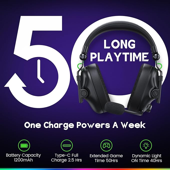 WG2 Wireless Gaming Headphone for PS5 PS4 PC Switch Mac Crystal Stereo Bluetooth Headphones Wireless Headset 2.4GHz with Lossless Audio 50 Hr Battery Cool LED
