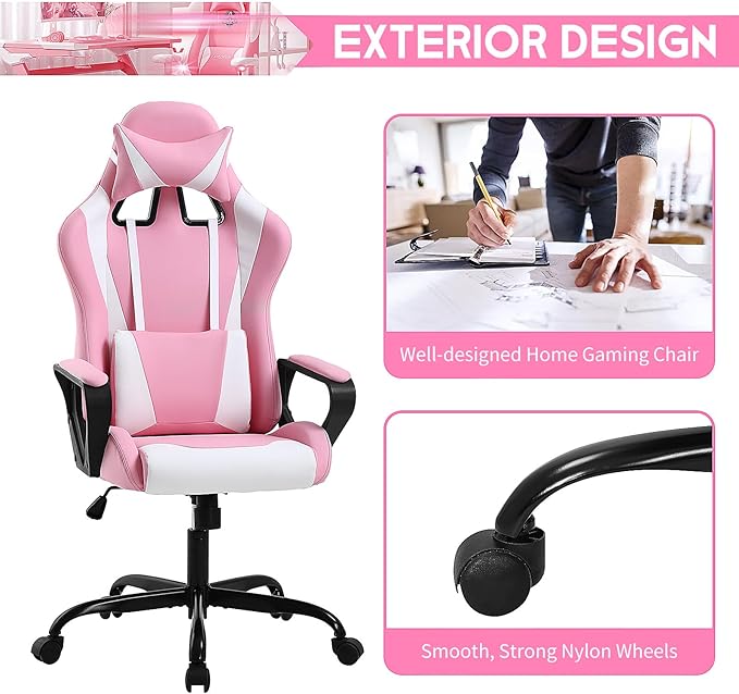 Ergonomic Gaming Chair Home Office Desk Chair with Headrest and Lumbar Support for Adults Height Adjustable Computer Chairs Pu Leather 360° Swivel High-Back Pink