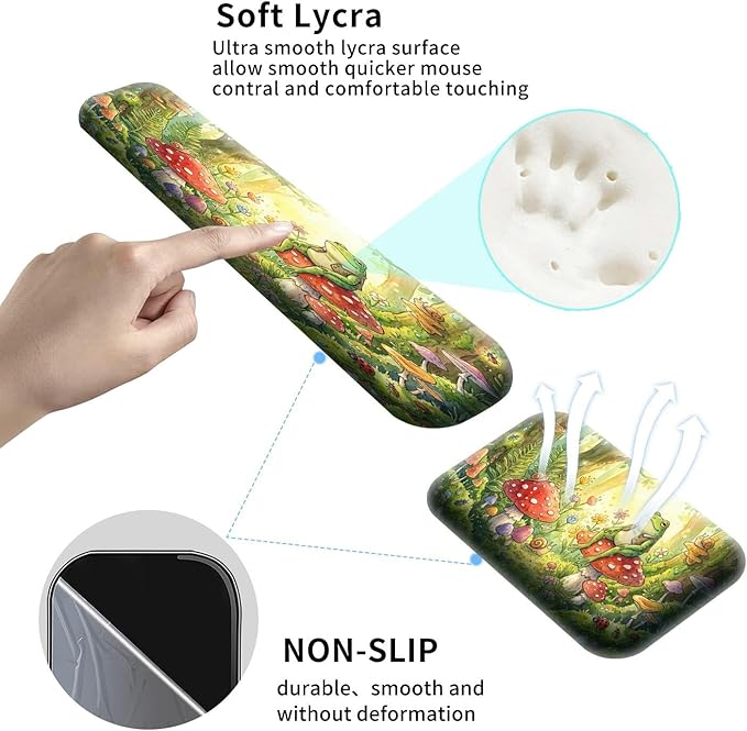 Large Gaming Mouse Pad + Memory Foam Ergonomic Keyboard Wrist Rest Support + Wrist Rest + Coaster Green Desk Decor Mat Stitched Edge Non Slip Desk Mat 4PC for Office &amp Home Cute Frog Kawaii