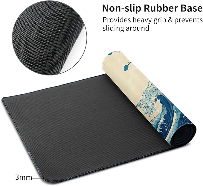 Japanese Sea Wave Extended Large Mouse Pad for Desk 48x24 Big Gaming Mouse Pads with Stitched Edges Non-Slip Rubber Base Computer Desk Mat Mouse Mat for Home Office Work