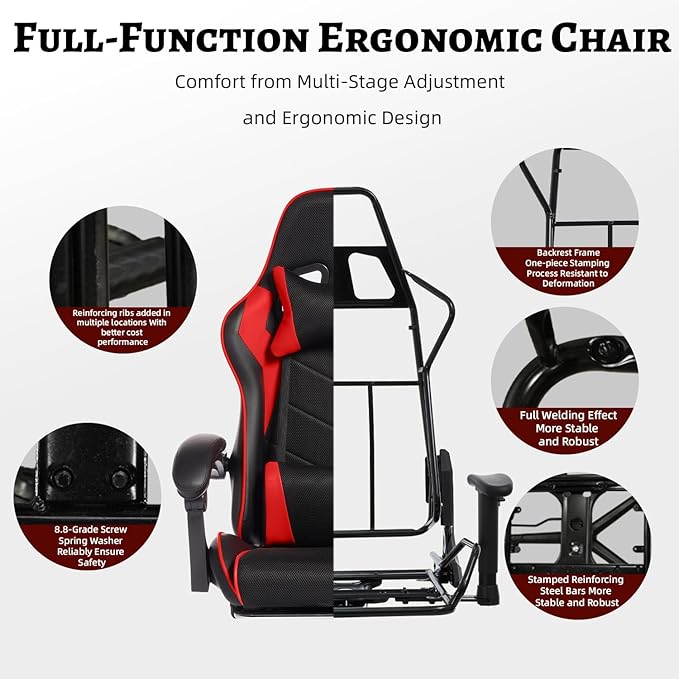 Ultimate Immersive Gaming Chair with Massage Racing Style PU Leather Seat with Molded Foam Support During Long Sessions (Black+Red)