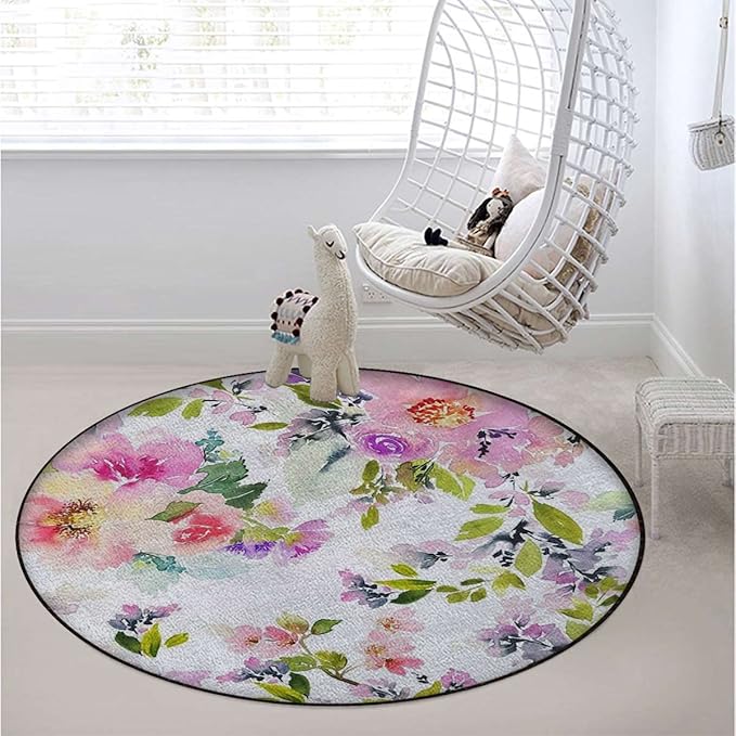 Simplistic Florets Gaming Chair Mat for Hardwood Floor Anti-Slip Floor Protector Game Controller Rubber Gaming Computer Chair Mat Floral Watercolor Shabby FormPink Green Diameter 39.3 in