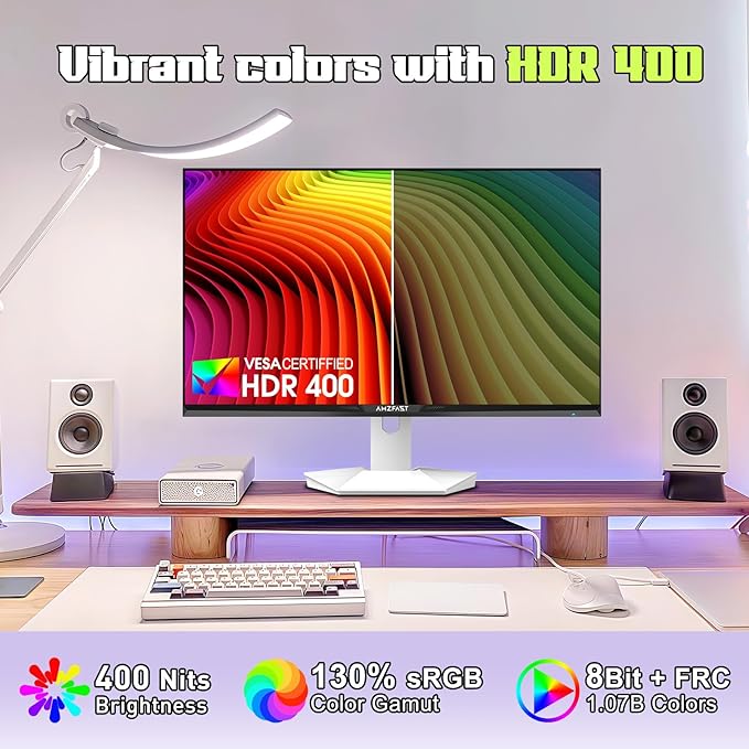 Amzfast 27 inch 1440P 200Hz/180Hz White Gaming Monitor 2K QHD (2560 ×1440)MPRT 1ms Fast IPS | HDR400 &amp TÜV Rheinland Eye Care &amp 12 Months Exchange (HDMI &amp DP Cable)