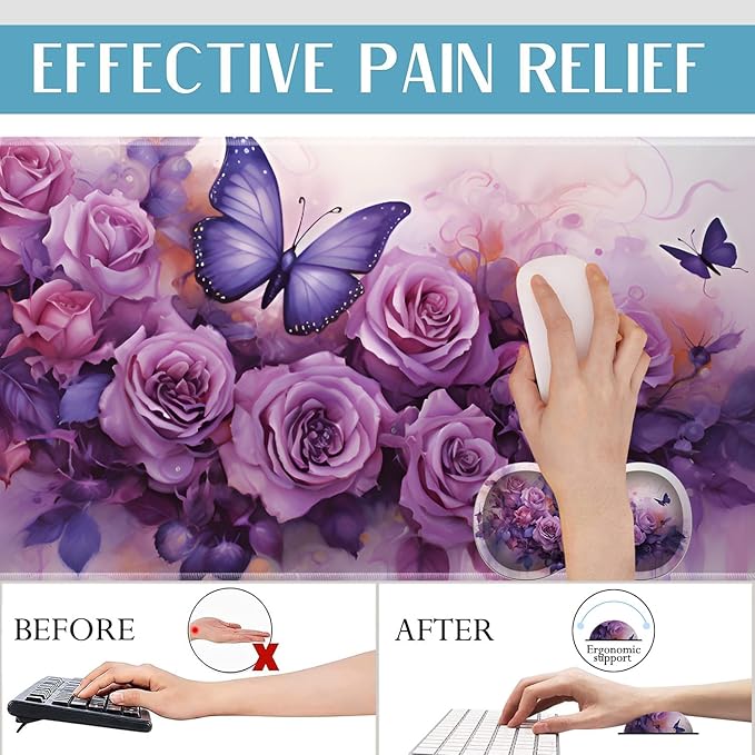 3-in-1 Large Mouse Pad Gaming Set (31.5 x 11.8 inch)+ Wrist Rest Pad + Coaster Memory Foam Gel Wrist Rest Pad for Pain Relief Stitched Edges Non-Slip Table Mat Purple Roses and Butterflies
