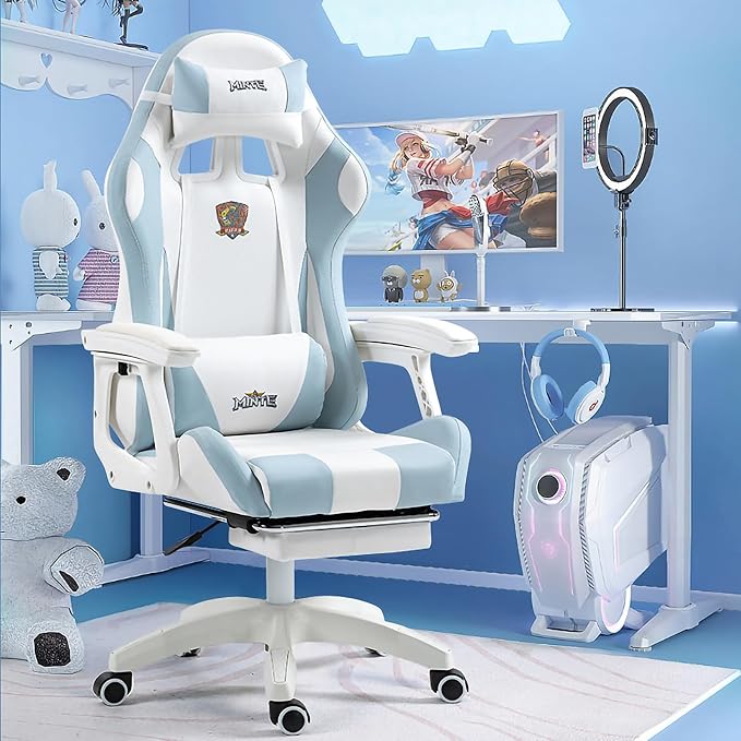 Comfy Blue Gaming Office Chair with Footrest Ergonomic Design for Neck Pain Relief Ideal for Home Office and Gaming Blue Upgraded Latex with footrest
