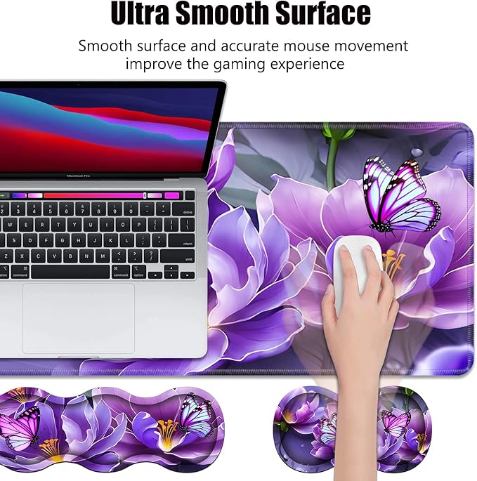 4 in 1 Ergonomic Memory Foam Mouse Pad Wrist Rest Set Large XXL Gaming Desk Pad + Keyboard Wrist Rest + Mouse Wrist Cushion + Coaster for Home Office Study Gaming Purple Flowers and Butterfly