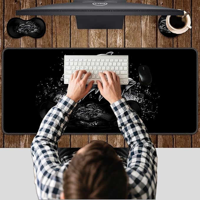 Ergonomic Keyboard Wrist Rest &amp Mouse Pad Wrist Rest SetXL Gaming Desk Mat 31.5x 11.8Non-Slip BaseMemory FoamEasy Typing Pain Relief for Office &amp HomeBlack White Dolphins Art