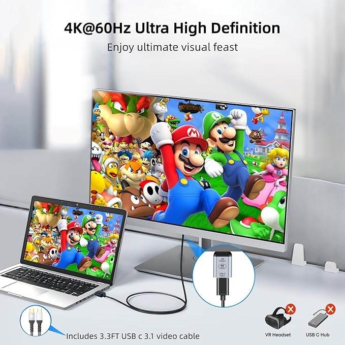 USB C to DisplayPort Adapter with USB Video Cable 4K@60Hz Uni-Directional USB C Female to DP Male Adapter Thunderbolt 4/3 to DP Converter Compatible with i-/Phone 17 Galaxy MacBok Pro- 2 Pack