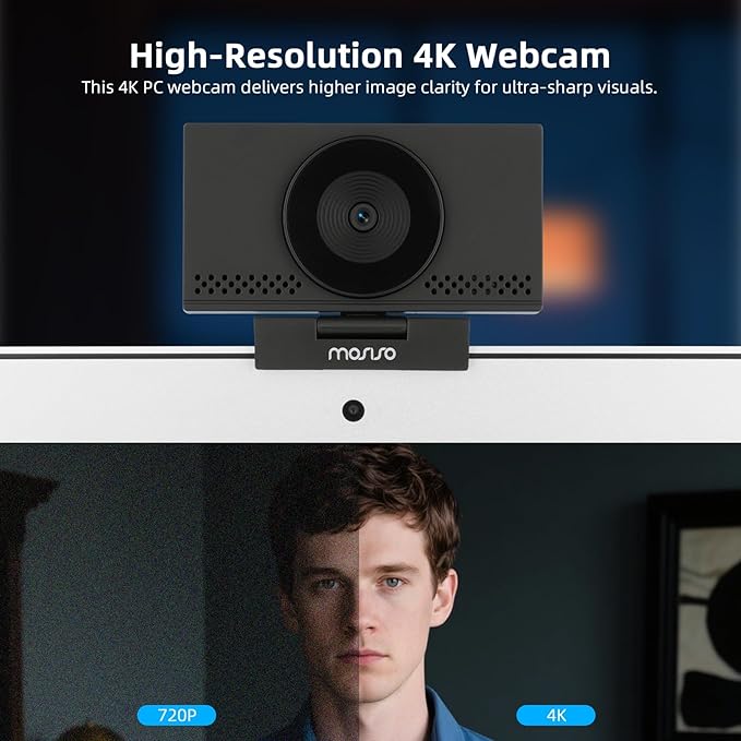 MOSISO 4K Webcam for PC &amp Laptop with Microphone and Webcam Cover Auto Light Correction USB Plug and Play for Live Streaming Video Call Conference Online Lessons Game Black
