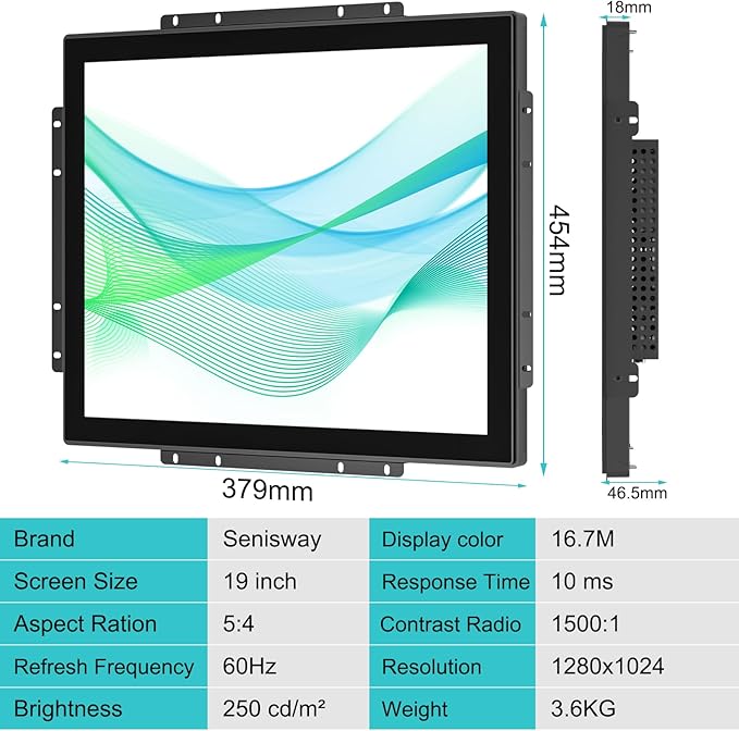 19 Inch 10 Points Industrial Capacitive Touch Monitor Surface is IP65 Waterproof 1280 x 1024 @ 60Hz TFT LCD IK08 Open Frame Design Touch Screen