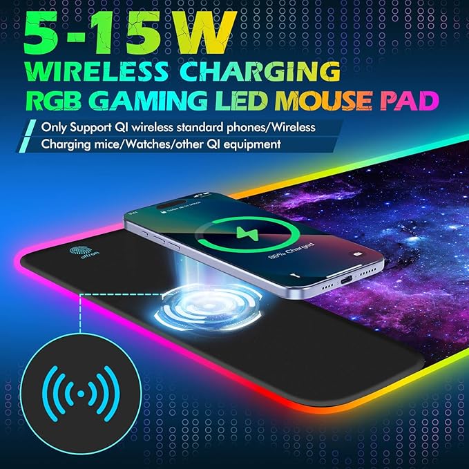 ToLuLu RGB Gaming Wireless Charging Mouse Pad 7.5/10/15W 10 Light Modes LED Mouse Pad Computer Keyboard Mat Mousepad 800x300x4MM Extended Large Desk Mat for MacBook Laptop PC Purple Galaxy Space