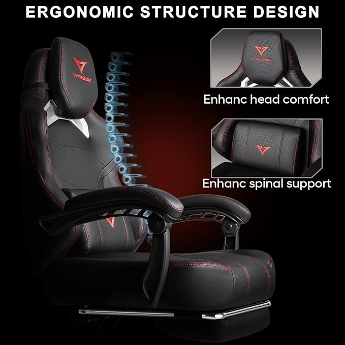 VITESSE Big and Tall Gaming Chair 400lb Weight Capacity with Footrest Ergonomic Video Game Chair for Adults with Oversized Headrest and Lumbar Pillow Computer Chair Gaming for Office (Black+Red)
