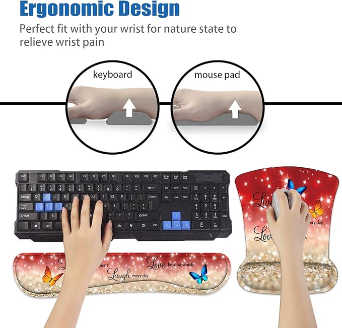 Keyboard Wrist Rest and Mouse Pad Wrist Support Set with Coasters Non-Slip PU Base Ergonomic Mousepad for Computer Laptop Home Office Easy Typing &amp Pain Relief Red Glitter Quote Live Laugh Love