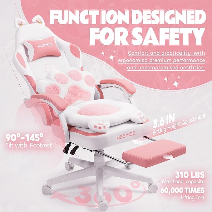 Pink Gaming Chair Cute with Cat Ears Paw Lumbar and CushionErgonomic Computer Chair with FootrestReclining PC Game Chair for Girl Computer Chair 300lbs for Adult