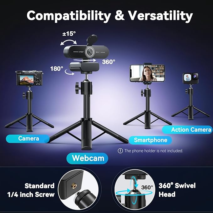 EMEET C60E 4K Webcam with Tripod Streaming Camera with PDAF Autofocus Dual Microphones Auto Light Correction 73° FOV Plug &amp Play USB Webcam for Live Streaming Gaming &amp Real-Time Interact