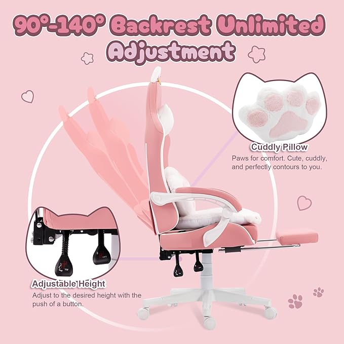 Dowinx Gaming Chair Cute with Cat Ears and Paw Lumbar Ergonomic Computer Chair for Girl with Footrest and Headrest Comfortable Reclining Game Chair 290lbs for Adult Teen Pink