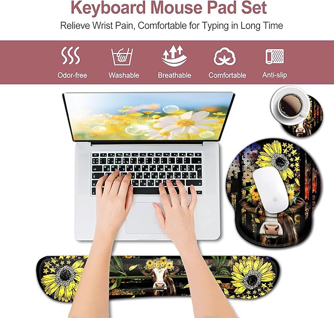 Ergonomic Mouse Pad with Gel Wrist Rest Support Suitable for Office Typing Games Mouse PadSoft Non-Slip Relieves Wrist Fatigue Beautiful Sunflower and Cute Cow Pattern Design Desktop Decoration