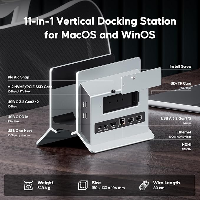 MacBook Pro Air Docking Station Vertical USB C Laptop Docking Station with M.2 SSD Slot HDMI 4K@60Hz 4 USB A/C Max 10Gbps Ethernet SD/TF PD Dock for MacBook/USB-C Win Laptops - Silver